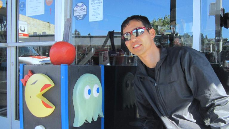 Felix Wong with Ms. Pac Man and a green ghost in Astoria, Oregon. (June 5, 2015) Felix Wong, Ms. Pac Man, green ghost, Astoria, Oregon