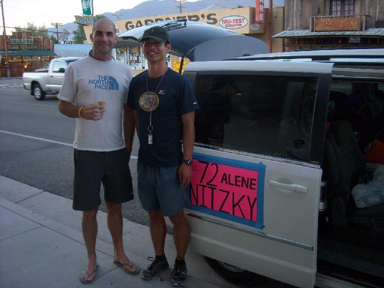 While Alene was making her return journey, Steph and I went back to Lone Pine, CA to fetch pizza and groceries. There we randomly encountered my friend Connie's son Nate from Dallas, TX who was there having a bachelor party and was going to climb Mt. Whitney the next day as part of it. Small world. (July 14, 2011) While Alene was making her return journey, Steph and I went back to Lone Pine, CA to fetch pizza and groceries. There we randomly encountered my friend Connie's son Nate from Dallas, TX who was there having a bachelor party and was going to climb Mt. Whitney the next day as part of it. Small world. (July 14, 2011)