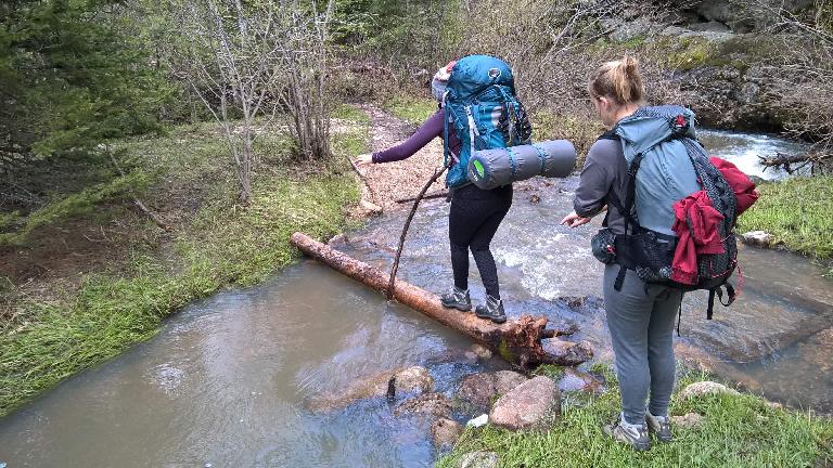 Diana and Saar crossing yet another stream on a log. (May 27, 2016) Diana and Saar crossing yet another stream on a log. (May 27, 2016)