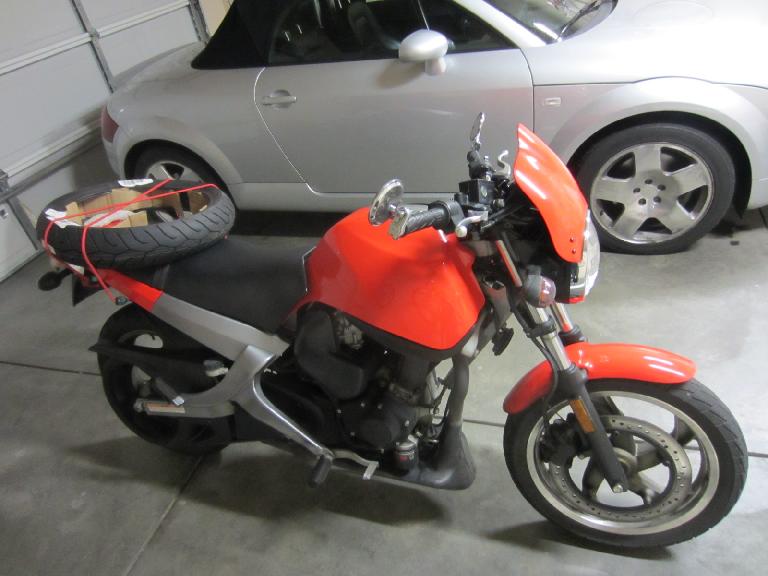 Ready to head to the local motorcycle shop to have the new front tire installed for $50. (May 12, 2012) Ready to head to the local motorcycle shop to have the new front tire installed for $50. (May 12, 2012)