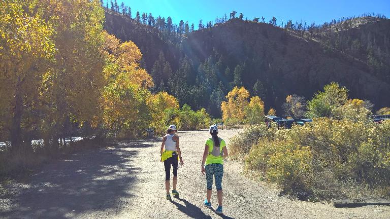 Connie and daughter Marissa walking back to Picnic Park, the post-race staging area of the 2016 Cache La Poudre Marathon. Connie and daughter Marissa walking back to Picnic Park, the post-race staging area of the 2016 Cache La Poudre Marathon.