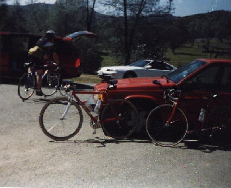 My red Cannondale 3.0 at the lunch stop of the 1999 Devil Mountain Double Century. red Cannondale 3.0, rest stop, 1999 Devil Mountain Double Century