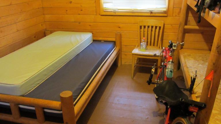 The KOA cabin I made an emergency stay at did not have blankets, so I took the mattresses from the bunks and slept under both of them for the night. (Only one shown in photo.) The KOA cabin I made an emergency stay at did not have blankets, so I took the mattresses from the bunks and slept under both of them for the night. (Only one shown in photo.)