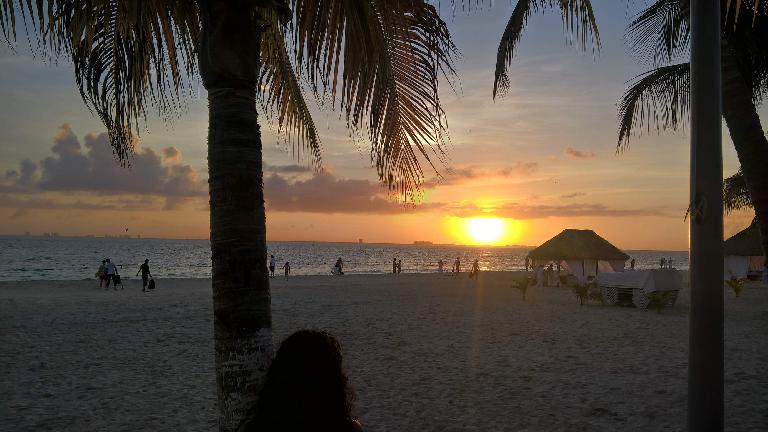 Carolina admires the sunset through some palm trees at Isla Mujeres. sunset, palm trees, Isla Mujeres