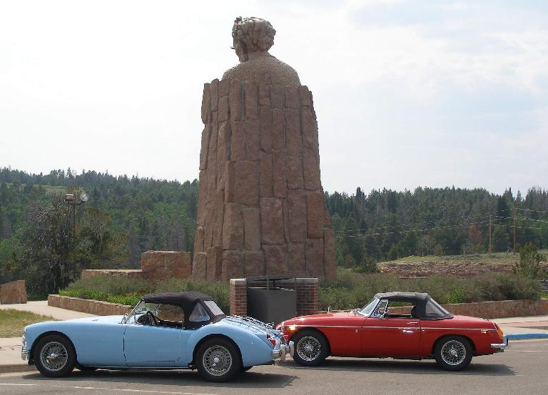 Mike Jacobsen's light blue MGA and Jennifer Orum's red 1970 MGB in front of the Abraham Lincoln Memorial Monument east of Laramie, Wyoming. Photo: Mike Jacobsen. (June 21, 2016) Mike Jacobsen's light blue MGA and Jennifer Orum's red 1970 MGB in front of the Abraham Lincoln Memorial Monument east of Laramie, Wyoming. Photo: Mike Jacobsen. (June 21, 2016)