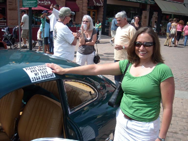 "Please touch and enjoy my 1959 356A Porsche." Raquel was happy to oblige. "Please touch and enjoy my 1959 356A Porsche." Raquel was happy to oblige.