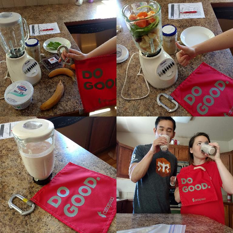 A smoothie Maureen made from five different kinds of fruits and vegetables: bananas, spinach, blackberries, orange, and an apple. A smoothie Maureen made from five different kinds of fruits and vegetables: bananas, spinach, blackberries, orange, and an apple.