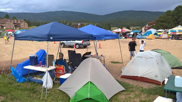 Team Bear Butts' campsite with colorful tents. Team Bear Butts' campsite with colorful tents.