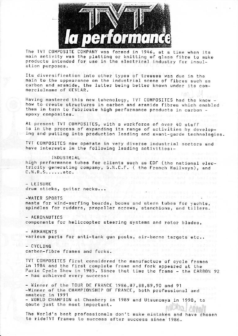 A letter from TVT claiming that the winning TdF bicycles from 1986-1991 were made by TVT. (Thanks to James Greenlees for sending it to me.) Thumbnail