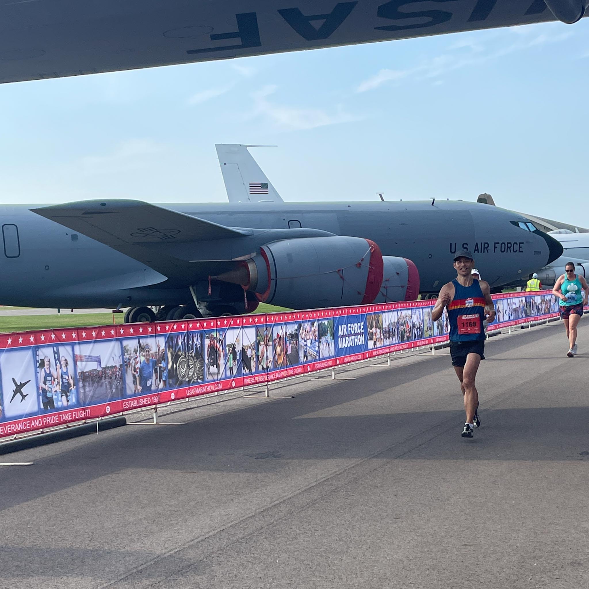 Felix Wong in the finishing stretch of the 2022 Air Force Marathon.
