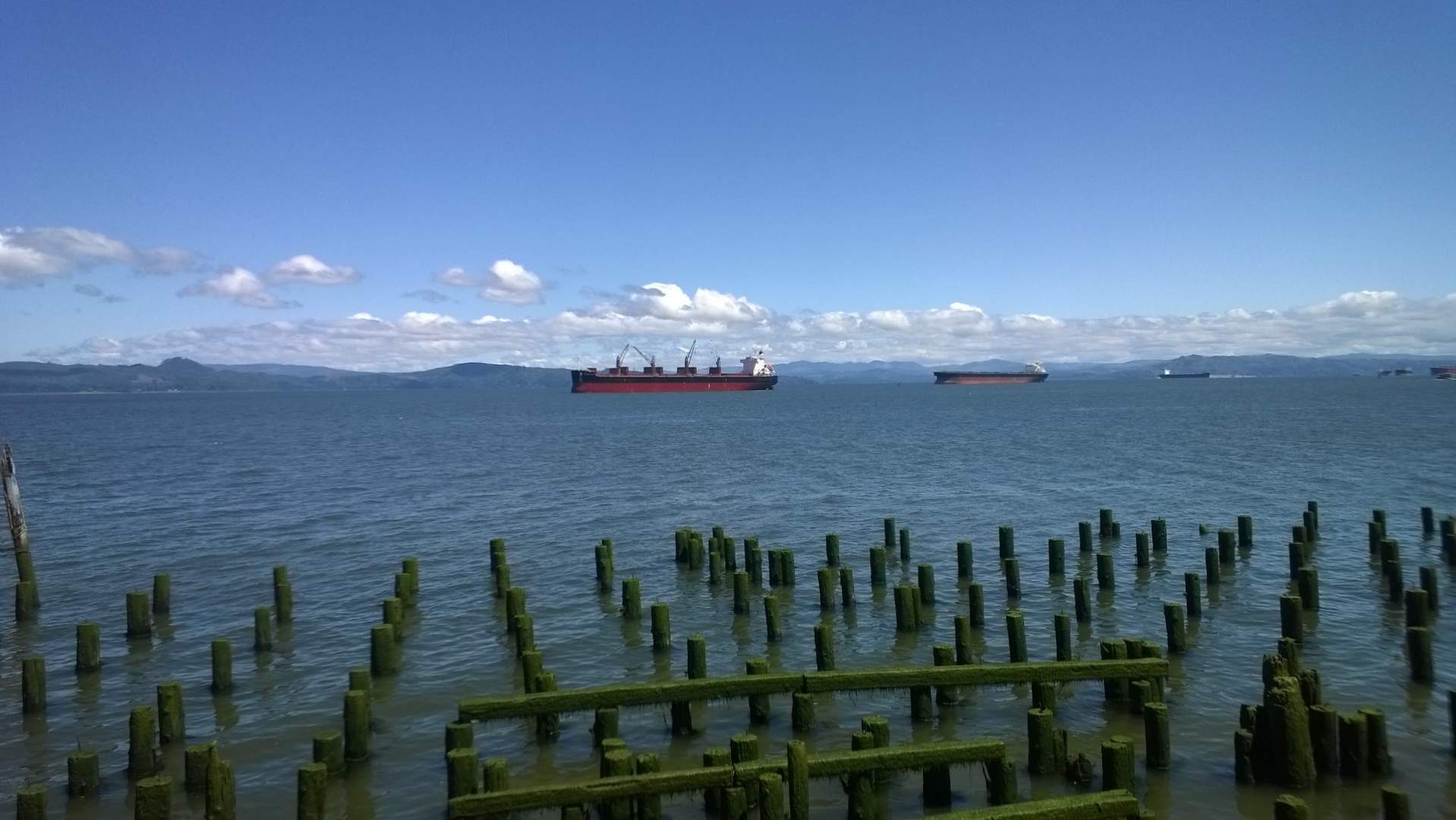 ships in the Columbia River viewed from Astoria, Oregon