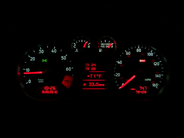 The gas mileage the trip computer in my 2001 Audi TT Quattro returned after 74.7 miles of careful city driving: 33.0 mpg.