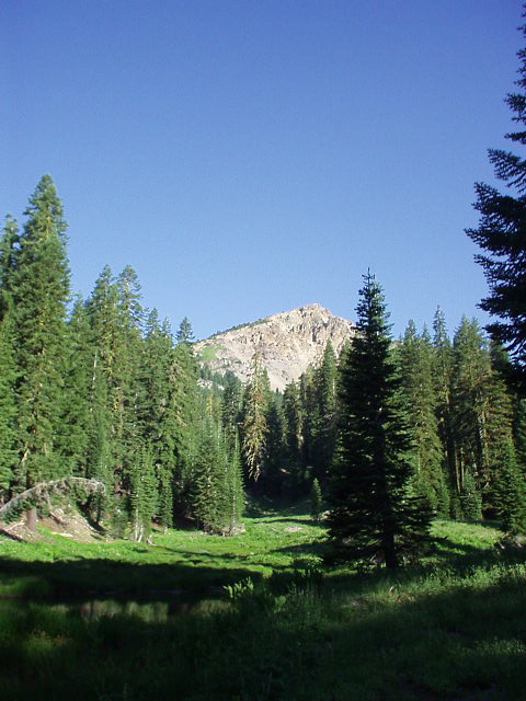 A view of Brokeoff Mountain while standing by a lake ~1 mile into the hike.  The mountain was thus named due to appearing like it "brokeoff" after glaciers during the Ice Age scoured the peak.