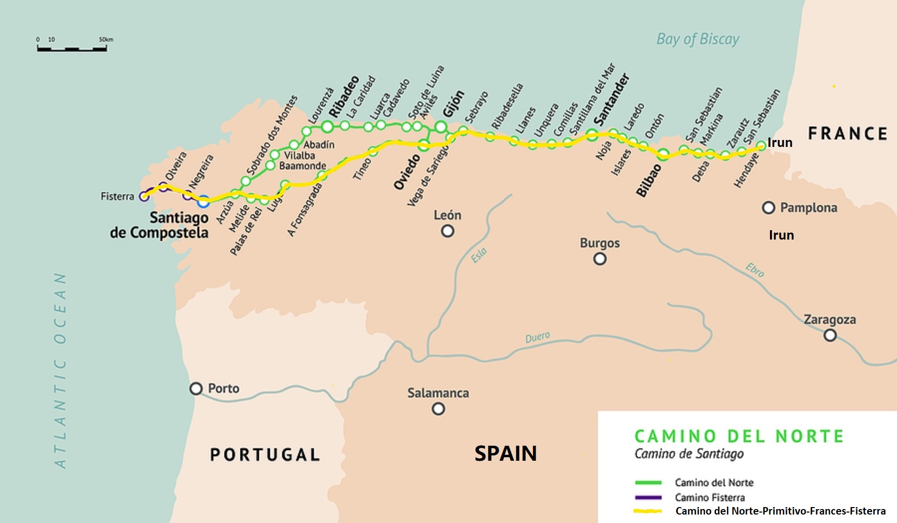 My Camino de Santiago is show in yellow on this map. It encompassed the Del Norte, Primitivo, Frances, and Fisterra routes.