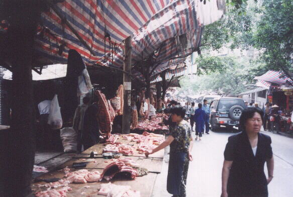 An outdoor meat market among the many food stalls.
