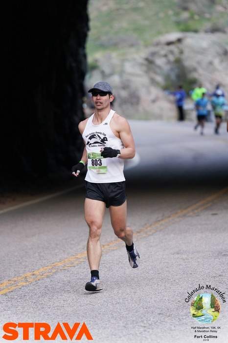 Felix Wong coming out of the Baldwin Tunnel in the lower Poudre Canyon. This was around Mile 3 of the 2019 Colorado Marathon.