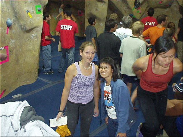 Here's a nice pic of Corinne and Stacey together in the bouldering area.  Unfortunately Sharon and I could not stay for the "Dyno for Dollars" event that was to follow, but I hope it went well!