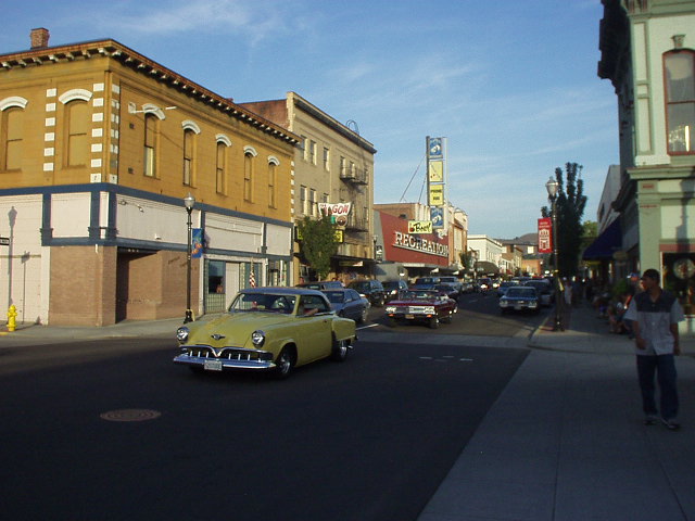 This Friday night in August was Cruise the Gorge, where classic cars were encouraged to cruise the downtown streets of The Dalles, Oregon.  There were mainly post-WW II cars here.