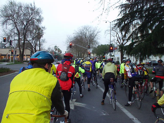 Mile 0, 7:02 a.m.: There we were, on this brisk morning, promenating out of Davis after the mass start in this 200km brevet.