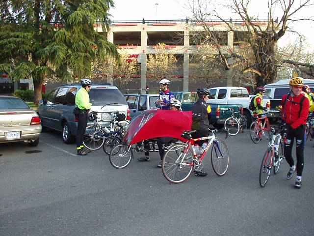 Mile 0, 6:45 a.m.: Gathering for a mass start, here is part of the small recumbent contingent.