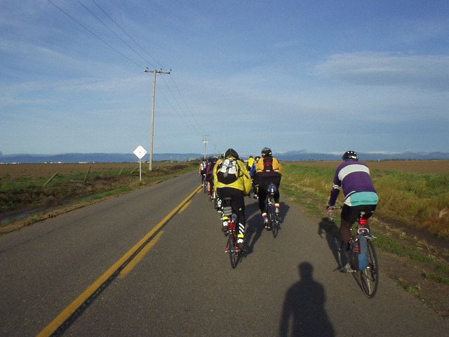 Mile 5, 7:22 a.m.: On flat land to the west of Davis, this would be the last time I ride in a paceline formation all day.