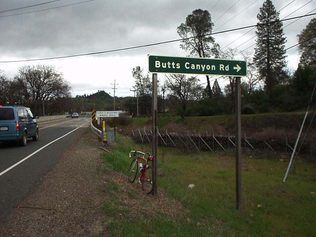 Mile 106, 2:51 p.m.: Another sign! Butts Canyon Rd., part of what I called the "Big Butts" area.