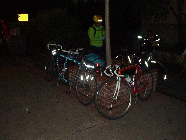 Mile 74, 10:07 p.m.: After a whopping 6 hours, I made it to the first on-the-course checkpoint in Calistoga.  Note all of our lights and reflective material, including some novel neon tubes to light up the tandem!