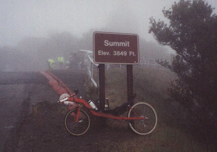 red Reynolds Wishbone recumbent, top of Mt. Diablo, summit 3849 feet, 2000 Devil Mountain Double Century