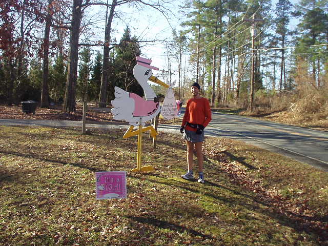 During a 16-mile run on a beautiful morning in Durham, Dan and I encountered this stork.  "It's a girl!" it proclaimed.