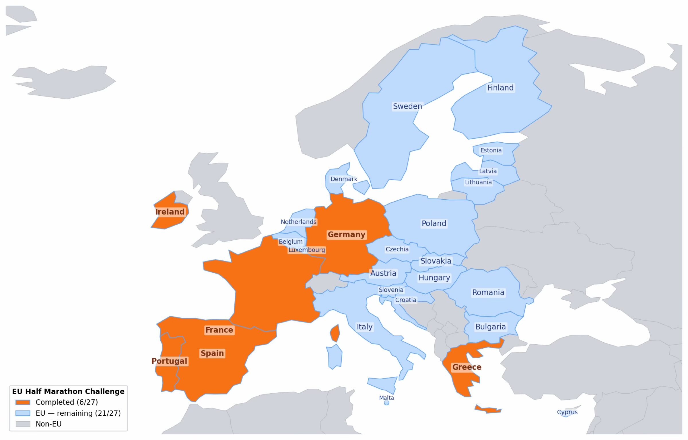 Countries in the E.U. that I have run a half marathon in are depicted in orange. 