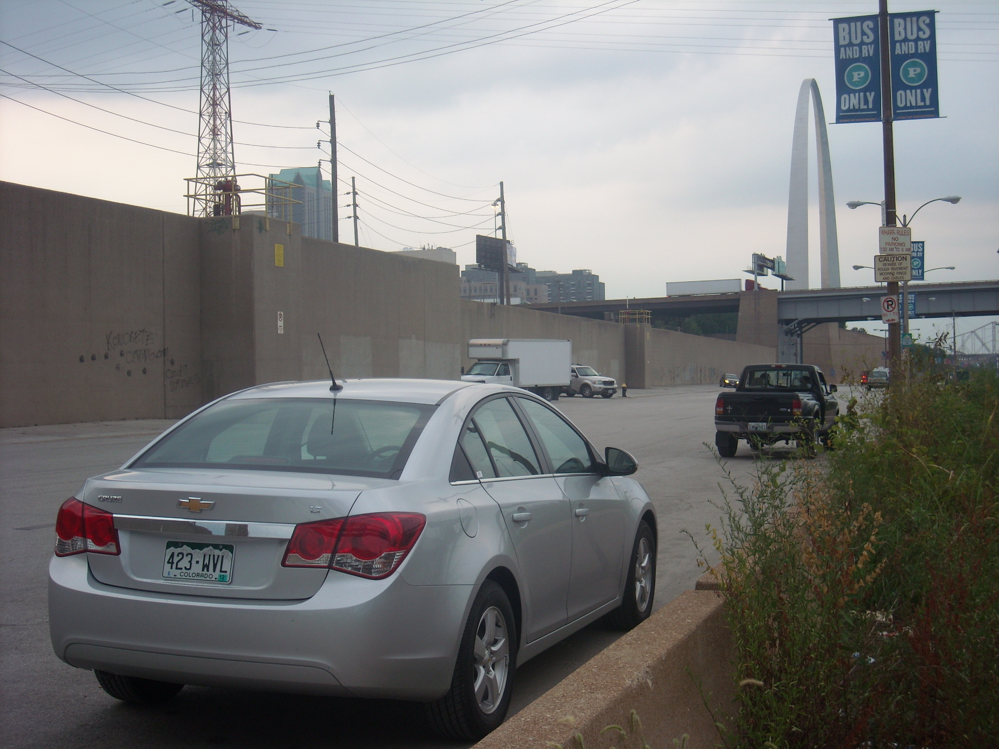 The Chevy Cruze in downtown St. Louis with the St. Louis' Gateway Arch in the background.