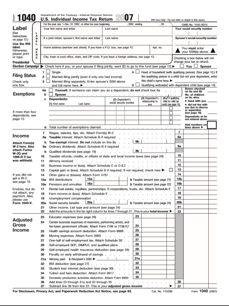 2007 U.S. federal tax form 1040 page 1