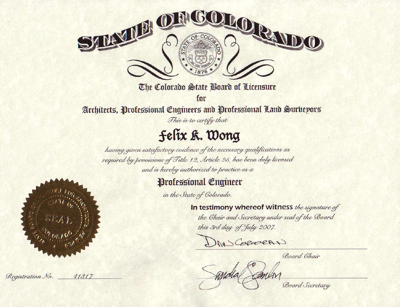 certificate awarded to Felix Wong by the state of Colorado to certify becoming a Professional Engineer