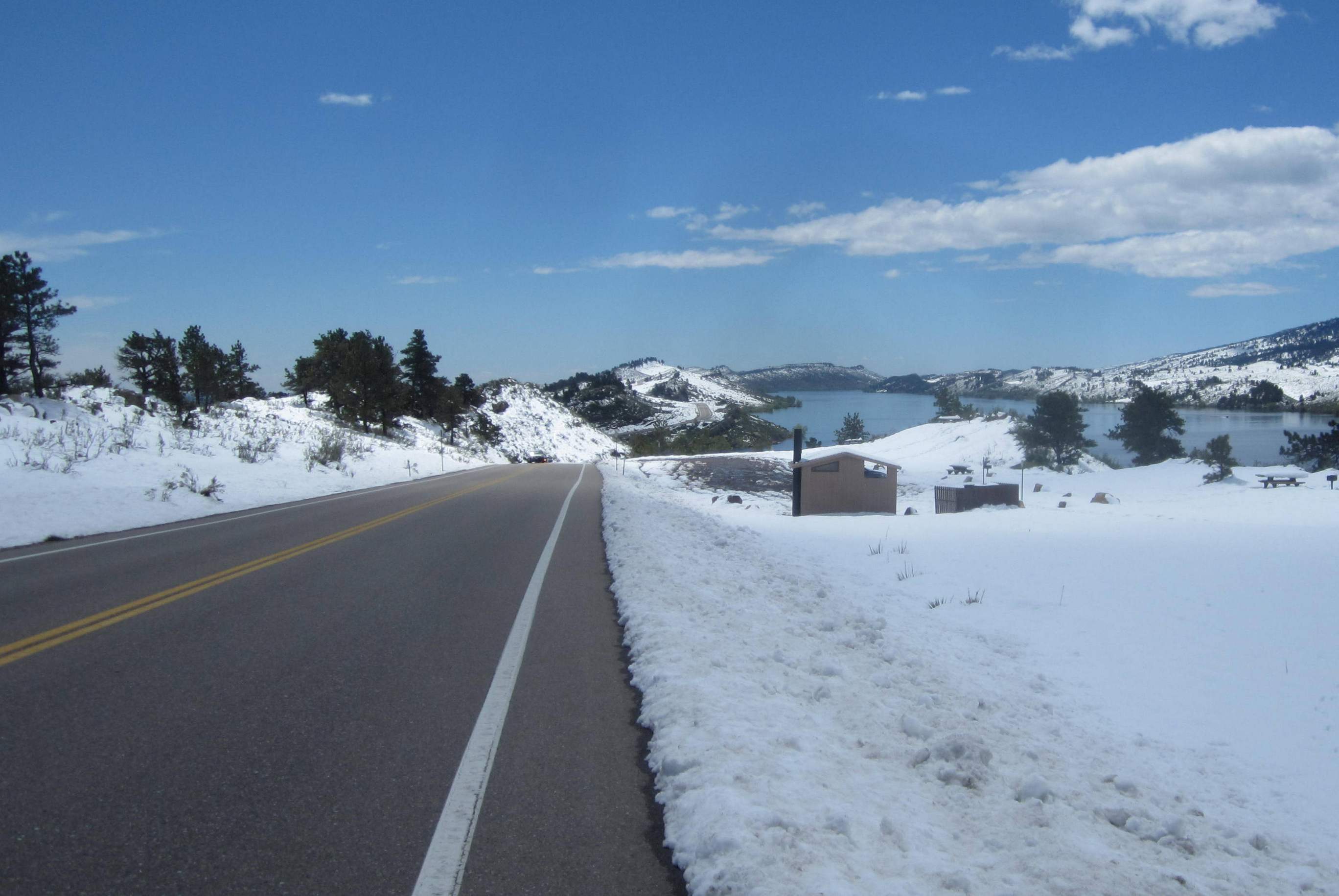 Snow in May at the Horsetooth Reservoir in Fort Collins.