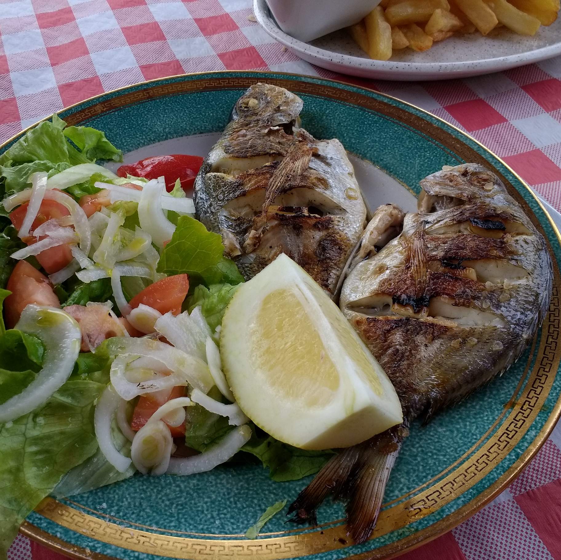 This menú de día included salad, fish, French fries, and wine.