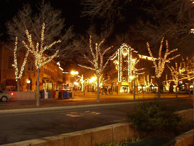 Old Town Square all lit up.