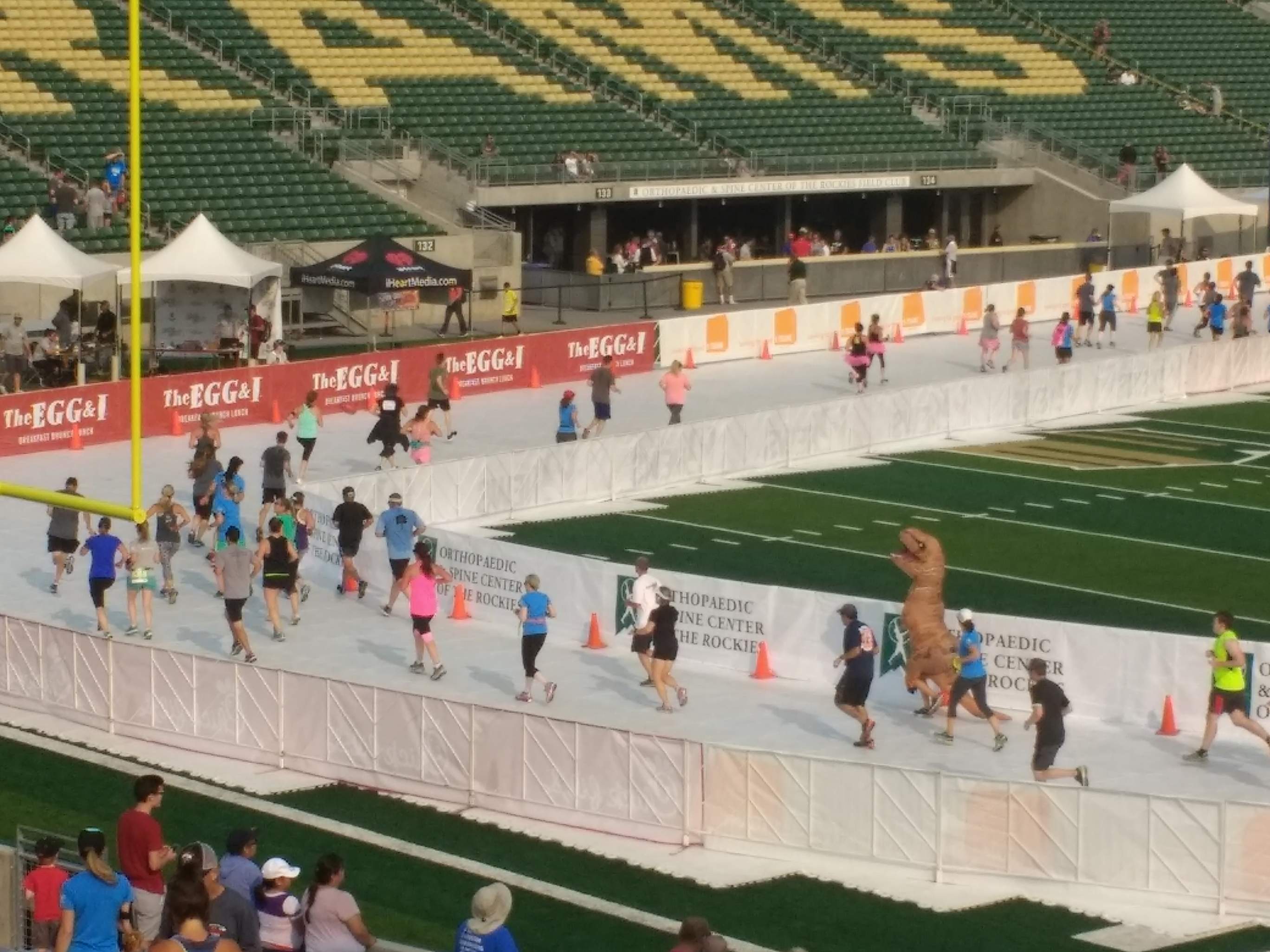 Runners, including one dressed as a Tyrannosaurus Rex, completing the Fortitude 10k.
