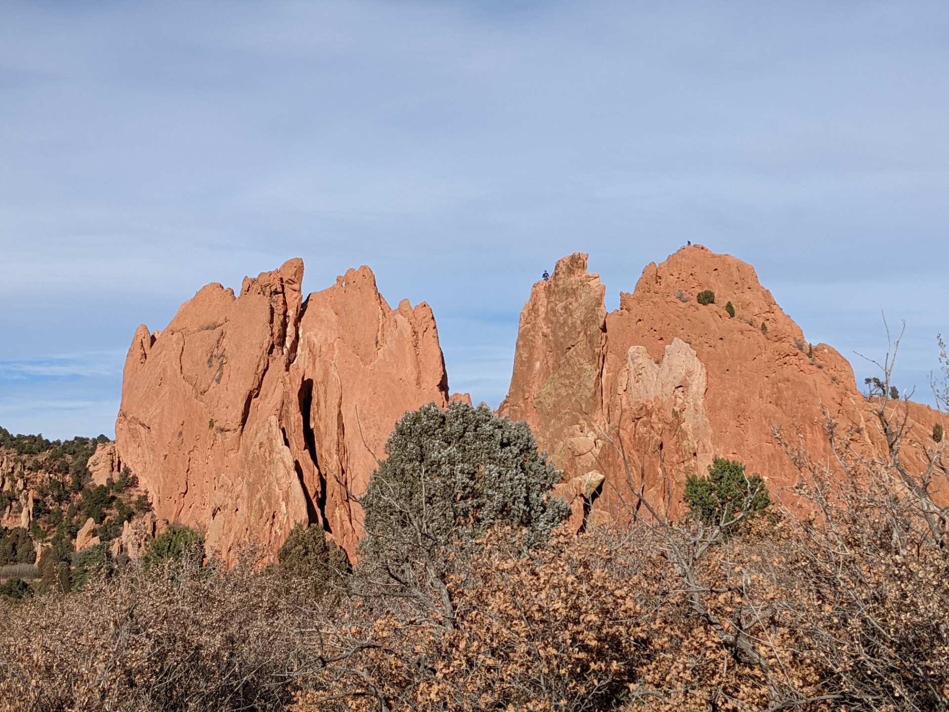 There were rock climbers on the Gateway Rocks at the Garden of the Gods.