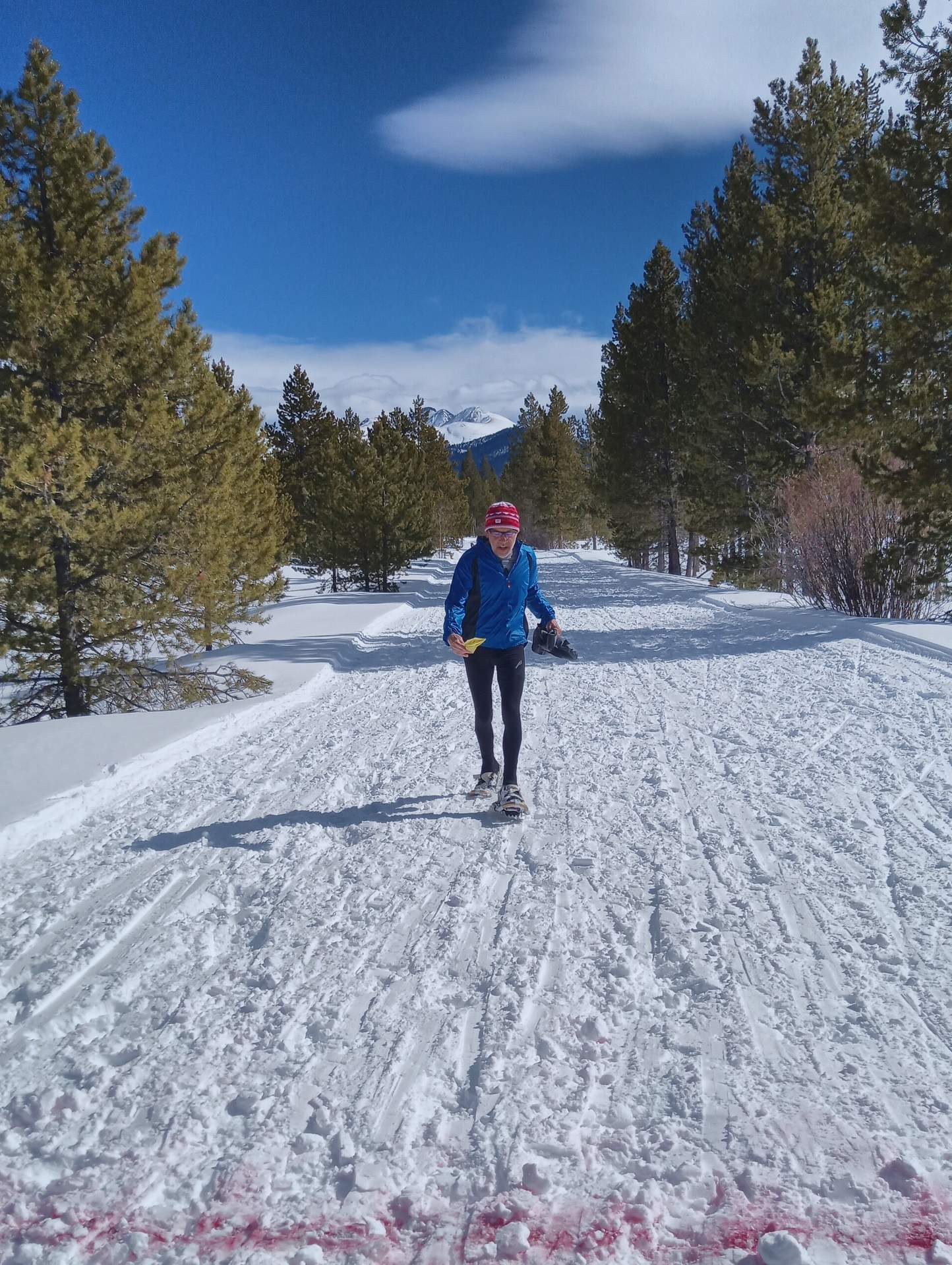 My friend Steve M. from the Fort Collins Running Club about to cross the finish line of the 2020 Gould Snowshoe Stomp. 