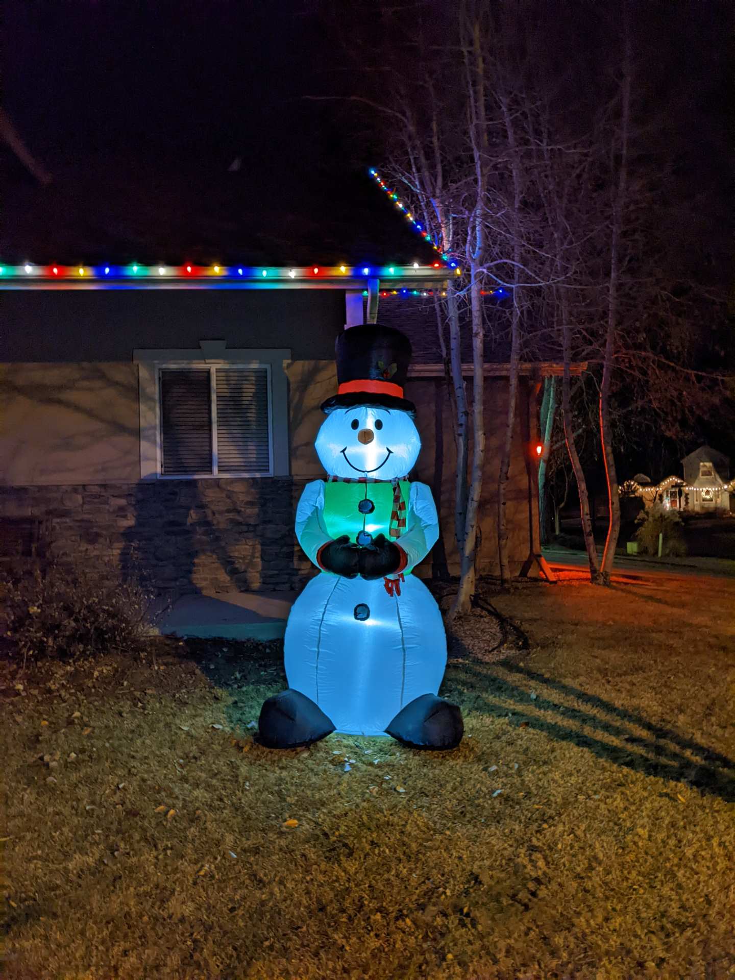 An illuminated happy snowman wearing a black top hat was on this lawn.