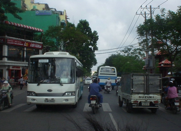 The view from the back of a motorbike.  Note the proximity to other vehicles!