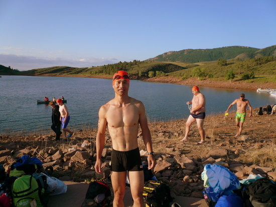 Me before jumping in the water. Clearly, because after the swim I was hypothermic and shivering so uncontrollably that the photo would have been blurry.