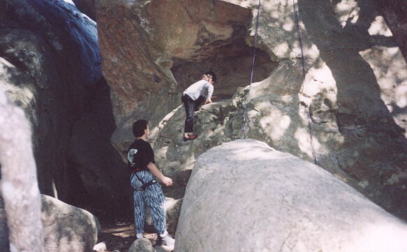 Eight-year-old Joshua and his dad Rich readying for a climb at Indian Rock.