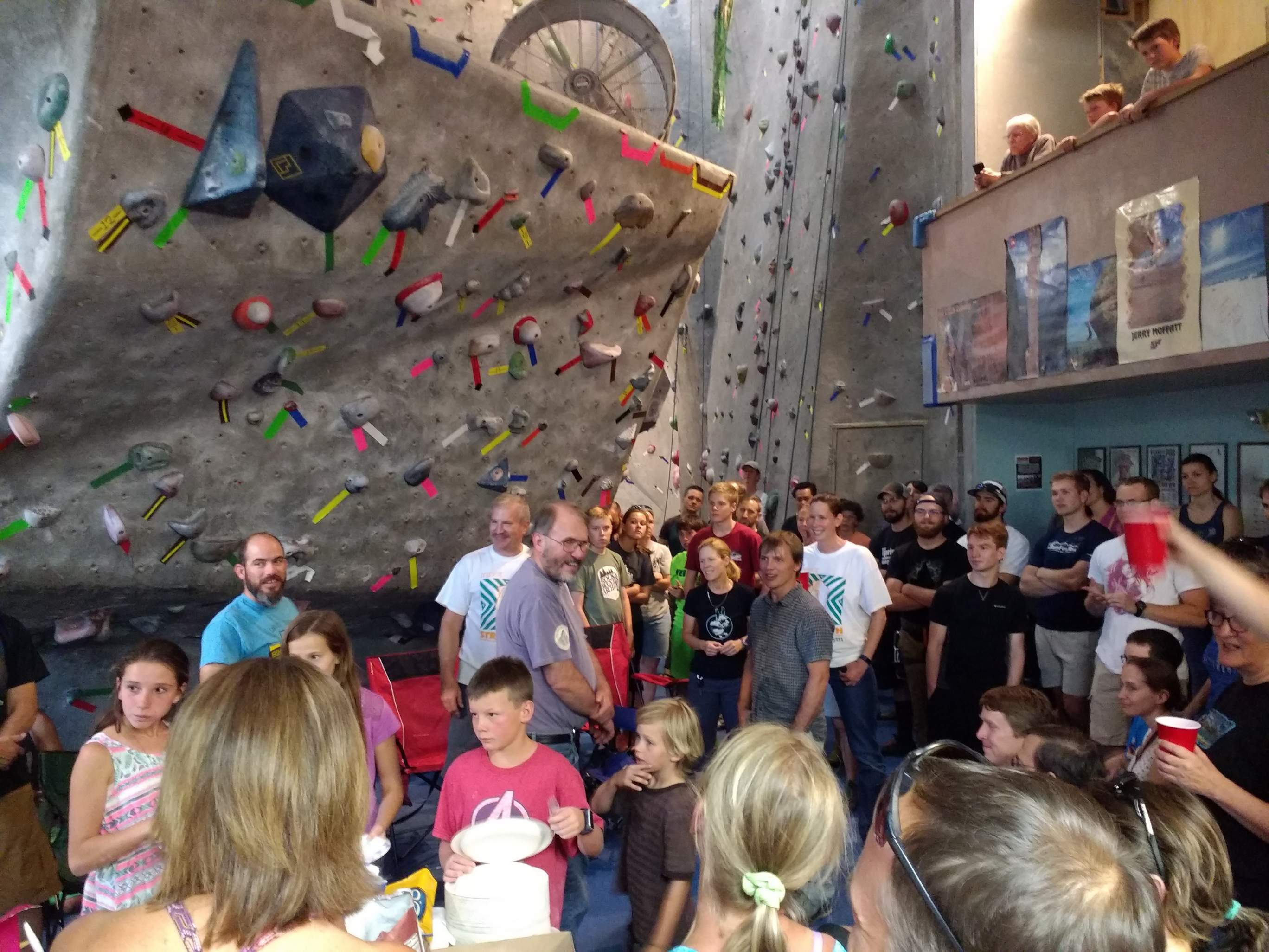 There was a large turnout for the final potluck at Inner Strength Rock Gym and to wish the owner, Mike (white T-shirt fifth from the left) well.