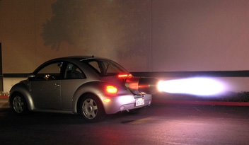 silver VW New Beetle with jet engine thrust