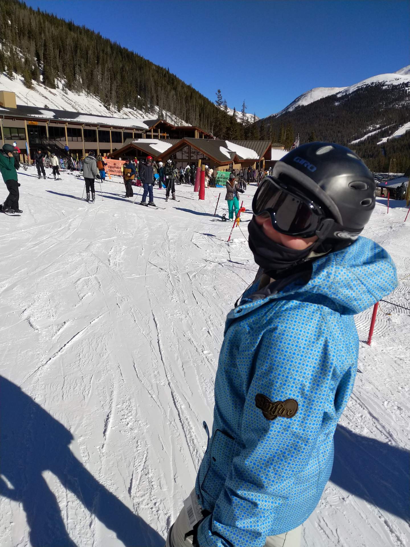 Maureen all bundled up and ready to snowboard.