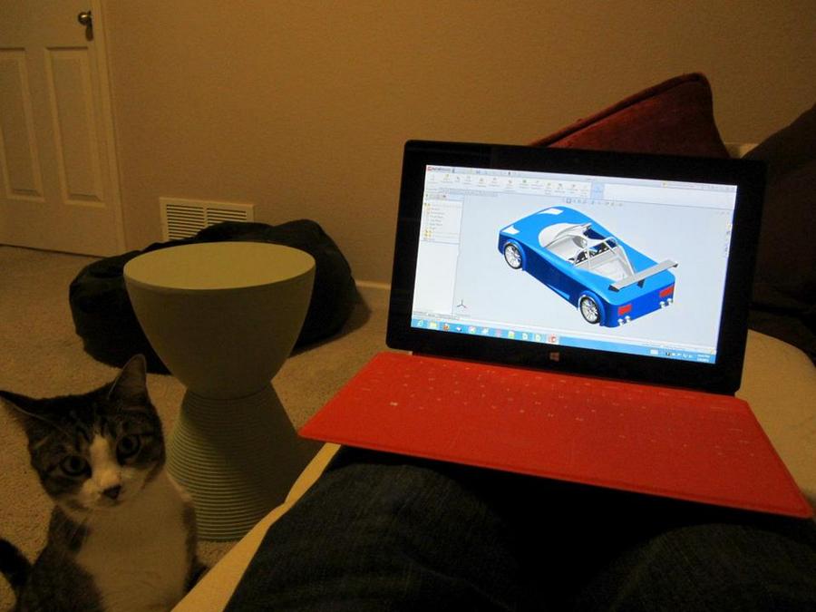 Since the Surface can easily connect via Remote Desktop to my higher-powered Windows PCs, I can even run Solidworks on it. Even Tiger was impressed.