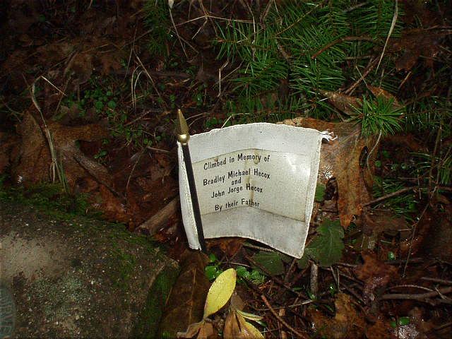 A poignant reminder of the preciousness of life: a note reading, "Climbed in memory of Bradley and John Hecox, by their father."