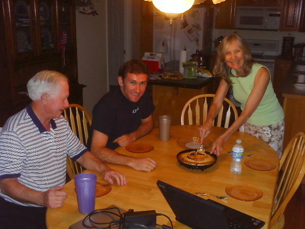 Eating a pie a brought over from Whole Foods with Dick, Tim and Dee after returning from the 2008 Tour Divide.