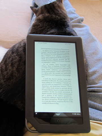 Reading an e-book on my Nook Color while Tiger keeps me warm.